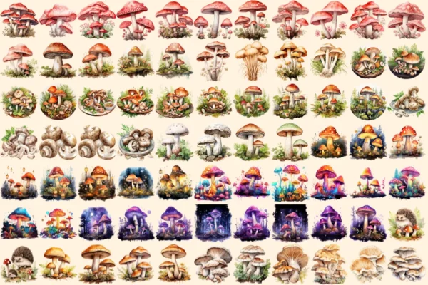 Mushrooms Watercolor Clipart Bundle - 520+ transparent PNG, Mushrooms png, Enchanted nature illustrations, Commercial use,Digital download