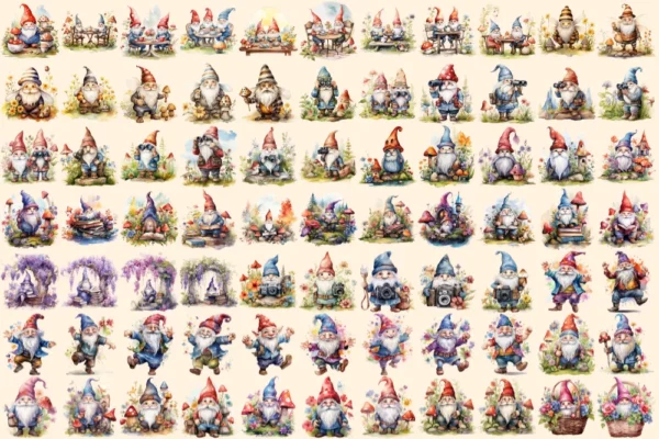 Gnomes Watercolor Clipart Bundle - 520+ transparent PNG, Enchanted gnome graphics png, Storybook gnome png, Commercial use, Digital download