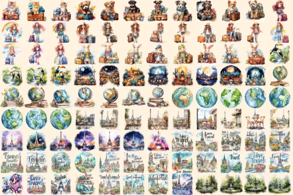 Travel Watercolor Clipart Bundle - 730+ transparent PNG, Adventure, Wanderlust , Vacation holiday graphics, Commercial use, Digital download