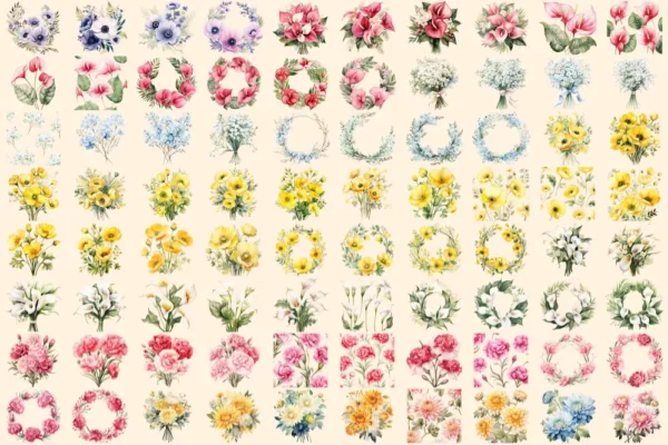 Wedding Flowers Watercolor Clipart Bundle - 545+ transparent PNG, Floral wedding elements, Bride's bouquet, Commercial use, Digital download