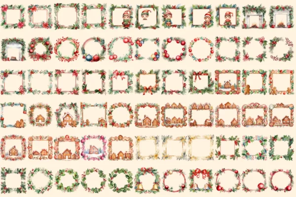 Christmas Borders Watercolor Clipart Bundle - 455+ transparent PNG, Xmas frames art, Festive border designs, Commercial use,Digital download
