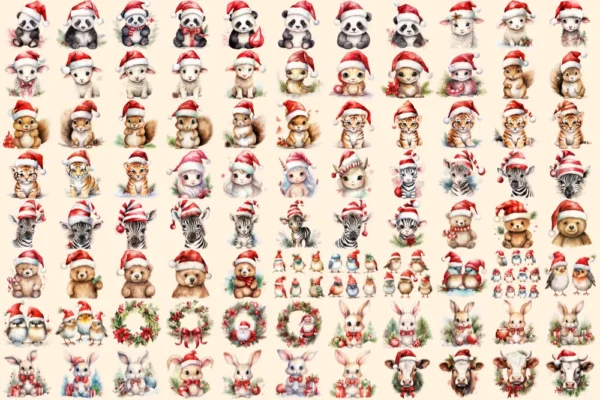 Christmas Animals Watercolor Clipart Bundle - 560+ transparent PNG, Festive animal images, Santa hat wreath, Commercial use,Digital download
