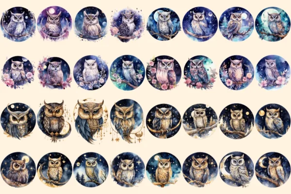 Celestial Owls Watercolor Clipart Bundle - 215+ transparent PNG, Galaxy night images, Mystical fantasy art, Commercial use, Digital download