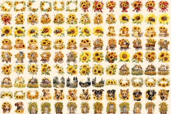 Sunflowers Watercolor Clipart Bundle - 776+ transparent PNG, Vibrant sunflower png, Radiant summer flowers, Commercial use, Digital download