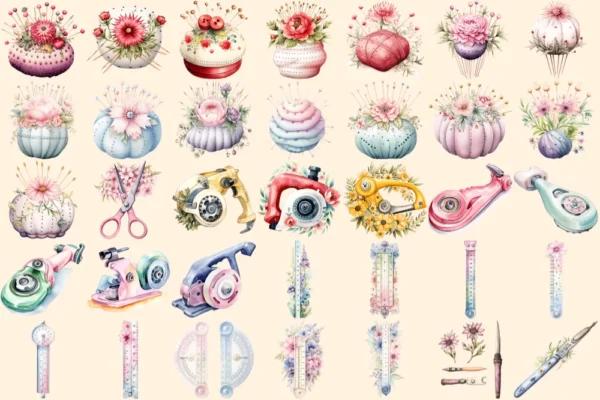 Sewing Watercolor Clipart Bundle - 240+ transparent PNG, Sewing machines illustrations, Sewing kit images, Commercial use, Digital download