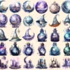Moon Witches Watercolor Clipart Bundle - 260+ transparent PNG, Fantasy mystical images, Magical fairytale, Commercial use, Digital download
