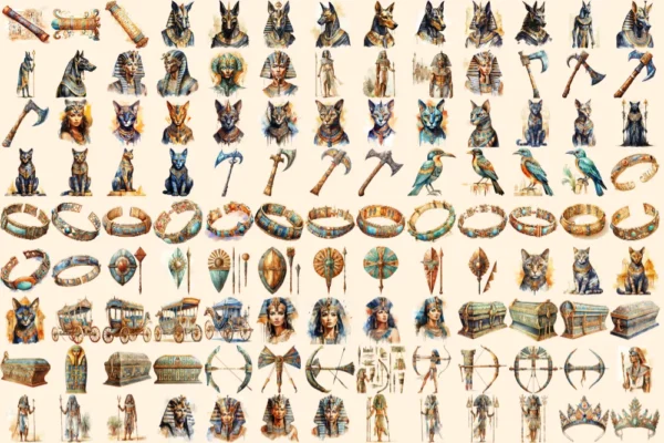 Ancient Egypt Watercolor Clipart Bundle - 770+ transparent PNG, Egyptian illustrations, Pharaohs graphics, Commercial use, Digital download