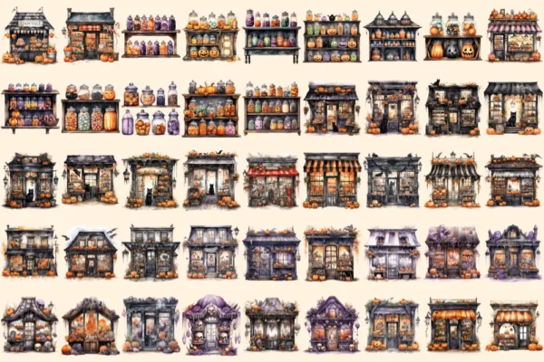 Halloween Storefronts Watercolor Clipart Bundle - 310+ transparent PNG, Haunted store graphics, Spooky png, Commercial use, Digital download