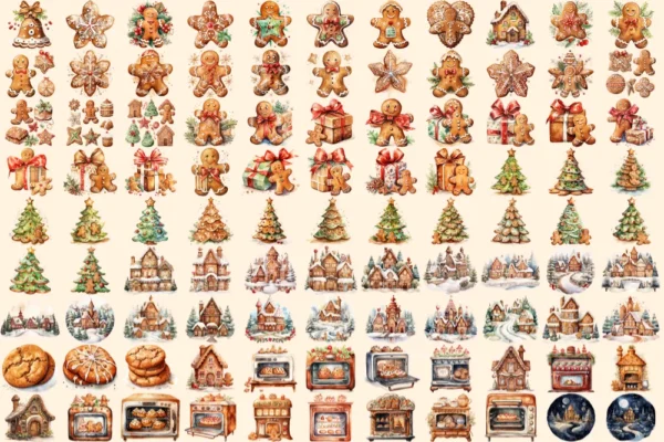 Gingerbread Cookies Watercolor Clipart Bundle - 675+ transparent PNG, Xmas cookies png, Festive baking png, Commercial use, Digital download