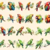 Parrots Watercolor Clipart Bundle - 205+ transparent PNG, Tropical parrot summer graphics, Parrots clipart, Commercial use, Digital download
