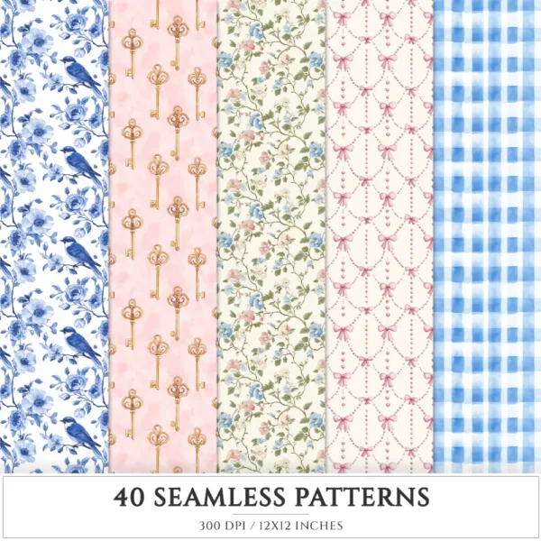 Grandmillennial Seamless Patterns, Chinoiserie JPEG, Pastel floral pattern, Stripes and plaid repeating pattern, Digital scrapbook paper