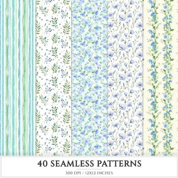 Springtime Planning Seamless Patterns, Cute spring JPEG, Spring reading pattern, Meadow flowers repeating pattern, Digital scrapbook paper