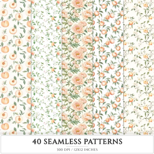 Peach Blush Summer Seamless Patterns, Cottagecore JPEG, Floral summertime pattern, Peony flowers repeating pattern, Digital scrapbook paper