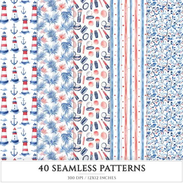 French Riviera Seamless Patterns, Summer beach JPEG, Sea pebble pattern, Shells, Seagull, Seaside repeating pattern, Digital scrapbook paper