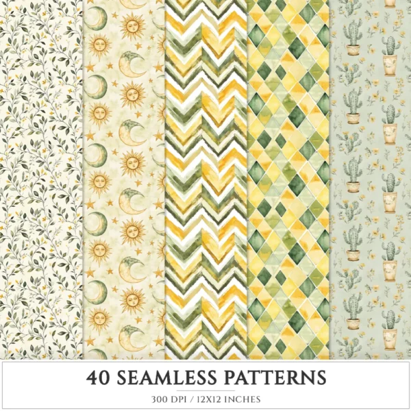 Boho Summer Seamless Patterns, Bohemian beachwear JPEG, Feathers pattern, Tropical, Wildflower repeating pattern, Digital scrapbook paper