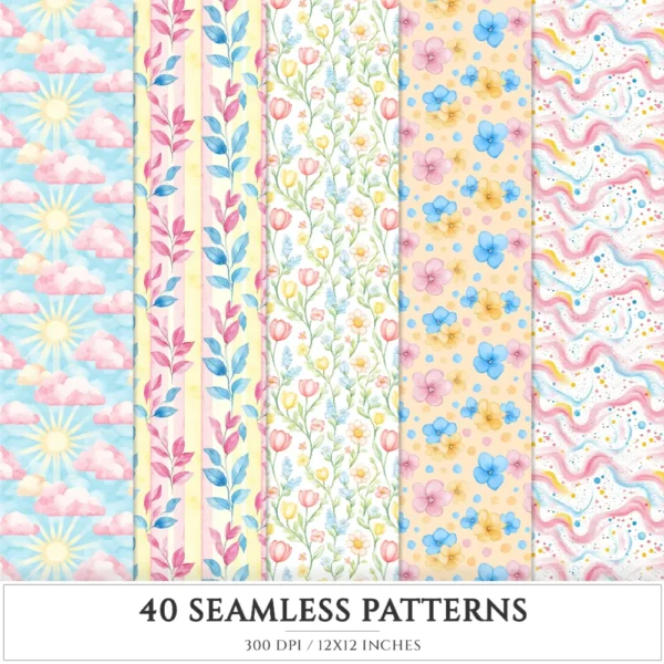Spring Promenade Seamless Patterns, Spring JPEG, Cherry blossoms pattern, daisies, tulips, Floral repeating pattern, Digital scrapbook paper