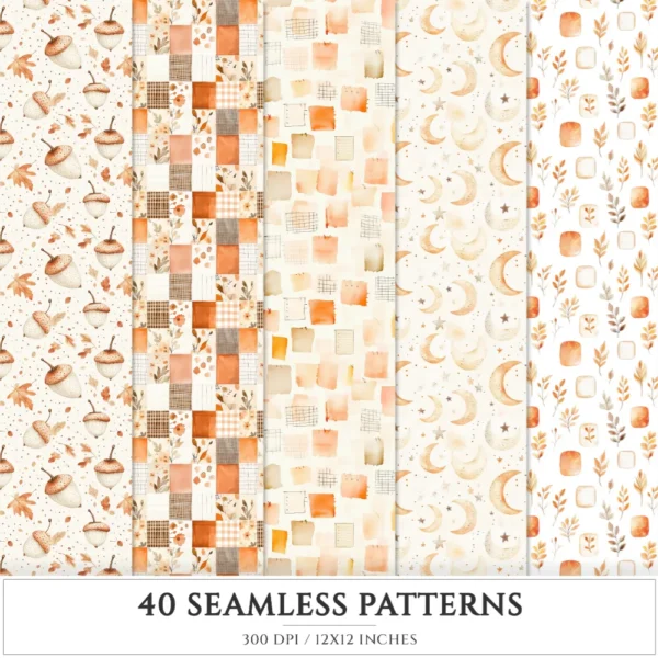 Autumn Planner Seamless Patterns, Cozy autumn JPEG, Maple leaves pattern, Acorns, Plaid, Pumpkins repeating pattern, Digital scrapbook paper