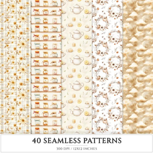 September End Seamless Patterns, Cozy autumn JPEG, Maple and pumpkin pattern, Plaid, Knitted cozy repeating pattern, Digital scrapbook paper