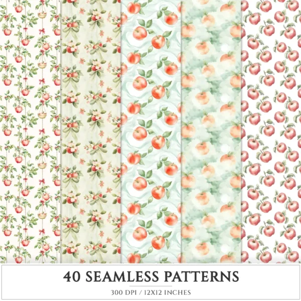 Falling Apples Seamless Patterns, Cozy autumn JPEG, Apples pattern, Pie, Leaves, Apple Gingham repeating pattern, Digital scrapbook paper
