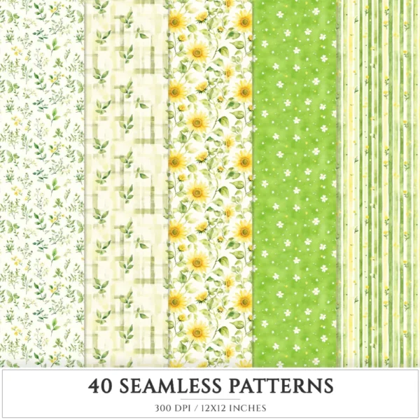 Sunny Days Seamless Patterns, Sunflower summer JPEG, Gingham pattern, Floral summer, Cozy summer repeating pattern, Digital scrapbook paper