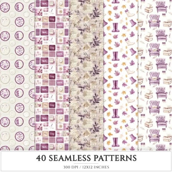 Plum Mood Seamless Patterns, Cozy autumn JPEG, Mushroom pattern, Floral, Plaid, Autumn leaves repeating pattern, Digital scrapbook paper