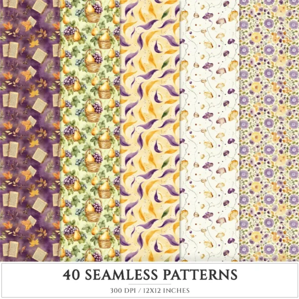 Autumn Notions Seamless Patterns, Artistic autumn JPEG, Pumpkin pattern, Floral, Autumn leaves repeating pattern, Digital scrapbook paper