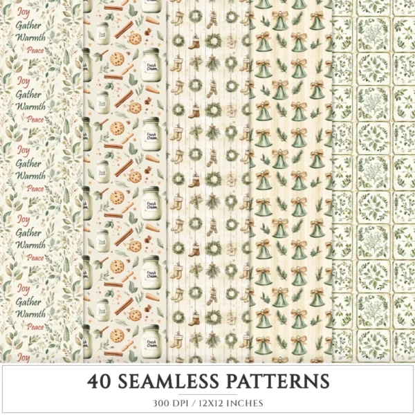 Festive Farmhouse Seamless Patterns, Farmhouse festive JPEG, Snowmen pattern, Plaid, Ornaments repeating pattern, Digital scrapbook paper