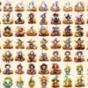 Little Monsters Watercolor Clipart Bundle - 500+ transparent PNG, Eerie graphics, Cute halloween creatures, Commercial use, Digital download
