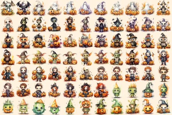 Little Monsters Watercolor Clipart Bundle - 500+ transparent PNG, Eerie graphics, Cute halloween creatures, Commercial use, Digital download