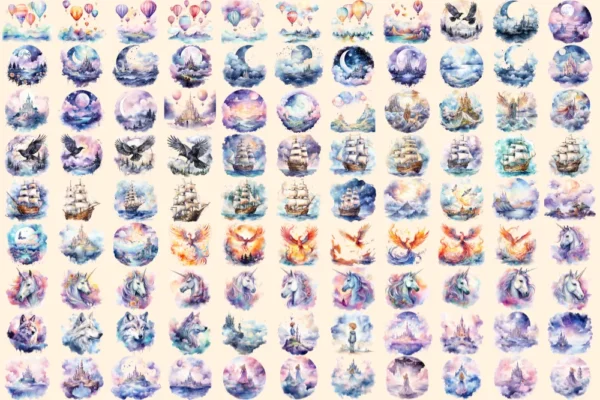 Fantasy Skies Watercolor Clipart Bundle - 620+ transparent PNG, Legendary sky images, Flying beings png, Commercial use, Digital download