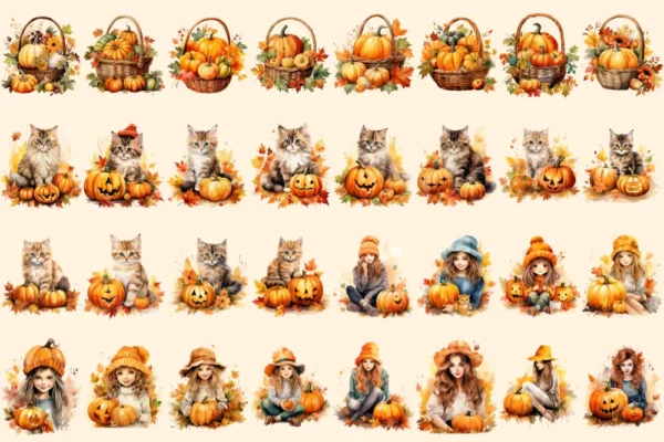 Pumpkin Watercolor Clipart Bundle - 205+ transparent PNG, Autumn pumpkin illustrations, Halloween art png, Commercial use, Digital download