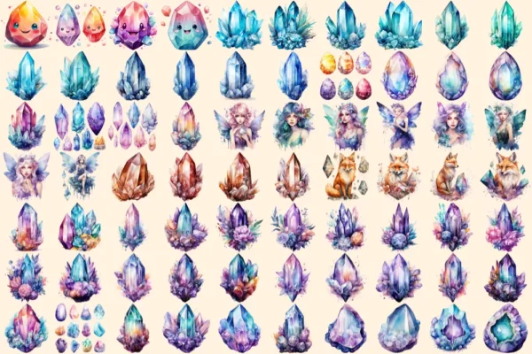 Crystals Watercolor Clipart Bundle - 470+ transparent PNG, Crystal illustrations, Enchanted gem graphics, Commercial use, Digital download