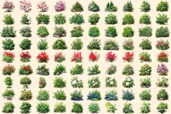 Bushes Watercolor Clipart Bundle - 625+ transparent PNG, Vibrant garden shrub graphics, Lush foliage png, Commercial use, Digital download