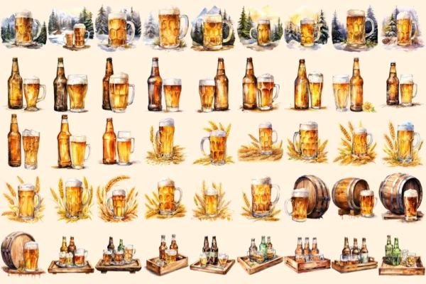 Beer Watercolor Clipart Bundle - 305+ transparent PNG, Craft beer illustrations, Lager and ale png images, Commercial use, Digital download