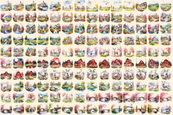 Spring Landscapes Watercolor Clipart Bundle - 927+ transparent PNG, Beautiful landscape images, Nature png, Commercial use, Digital download