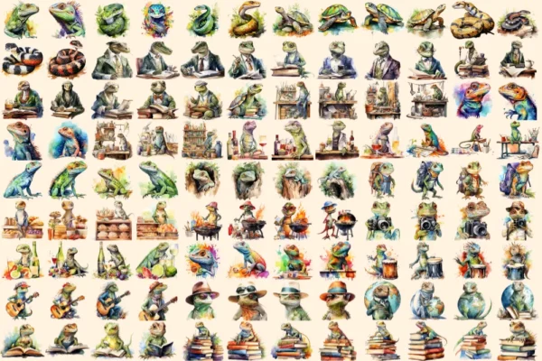 Reptiles Watercolor Clipart Bundle - 705+ transparent PNG, Lizard beast illustrations, Textured reptile png, Commercial use,Digital download