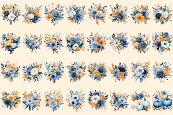 Blue Fall Watercolor Clipart Bundle - 205+ transparent PNG, Autumn harvest graphics, Rustic pumpkin floral, Commercial use, Digital download