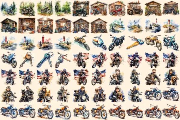 Bikers Watercolor Clipart Bundle - 480+ transparent PNG, Road warrior enthusiast illustrations, Motorbike, Commercial use, Digital download