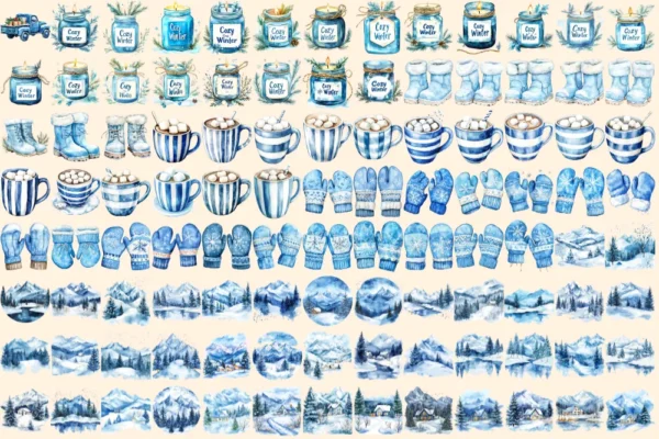 Hello Winter Watercolor Clipart Bundle - 700+ transparent PNG, Cozy winter graphics, Frosty blue holiday, Commercial use, Digital download