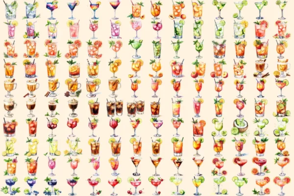 Cocktail Watercolor Clipart Bundle - 970+ transparent PNG, Celebration drinks graphics, Champagne clipart, Commercial use, Digital download