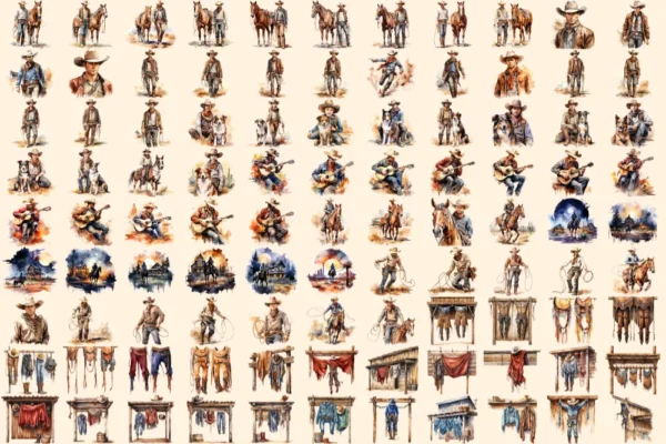 Cowboy Watercolor Clipart Bundle - 650+ transparent PNG, Frontier cowboy illustrations, Wild west rodeo, Commercial use, Digital download