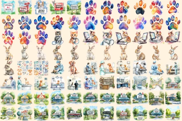 Veterinary Watercolor Clipart Bundle - 600+ transparent PNG, Veterinary care illustrations, Pet health png, Commercial use, Digital download