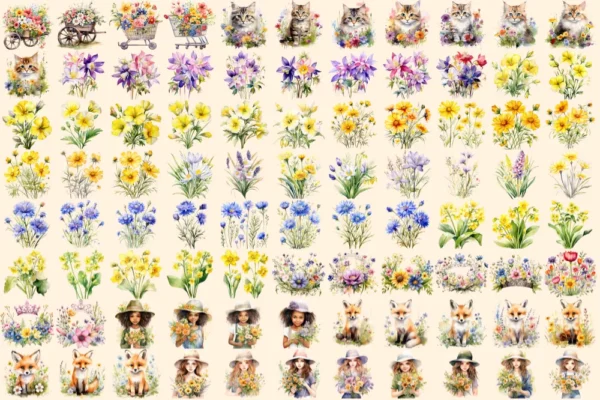 Wildflowers Watercolor Clipart Bundle - 604+ transparent PNG, Blooming wildflower graphics, Spring nature, Commercial use, Digital download