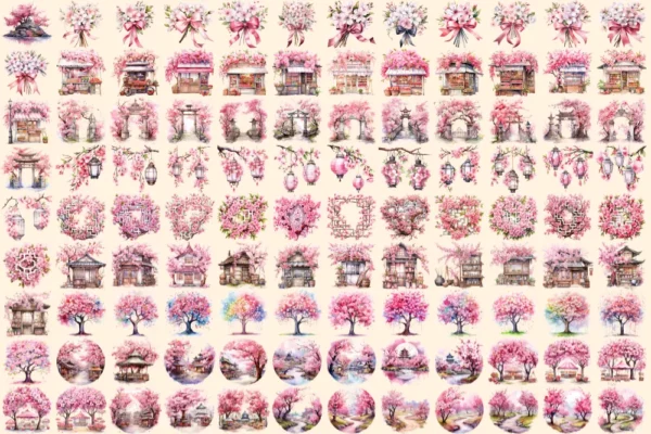 Cherry Blossoms Watercolor Clipart Bundle - 750+ transparent PNG, Japanese flower graphics, Sakura flowers, Commercial use, Digital download