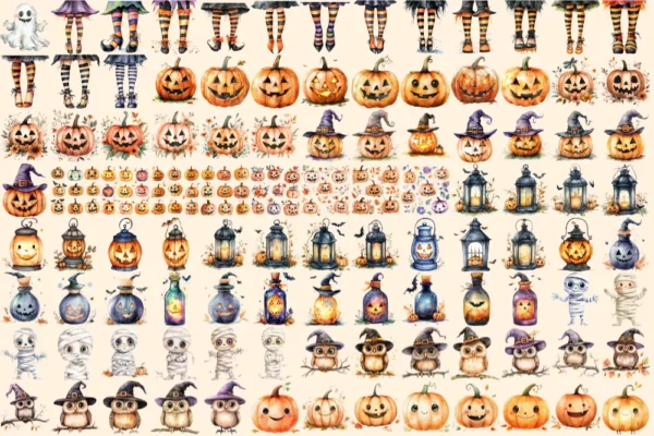 Cute Halloween Watercolor Clipart Bundle - 710+ transparent PNG, Playful spooky graphics, Eerie halloween, Commercial use, Digital download
