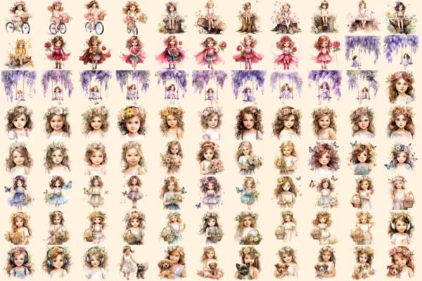 Little Flower Girls Watercolor Clipart Bundle - 590+ transparent PNG, Cute floral girl png, Cute artwork, Commercial use, Digital download