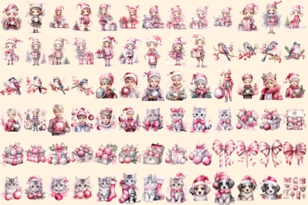 Pink & Silver Christmas Watercolor Clipart Bundle - 503+ transparent PNG, Xmas winter images, Festive png, Commercial use, Digital download