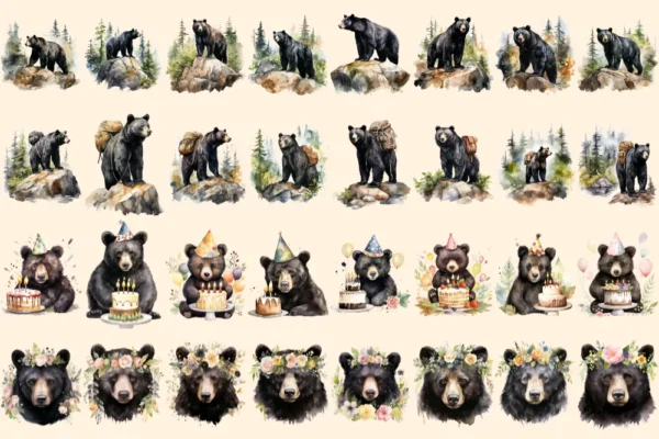 Black Bears Clipart Bundle - 200+ transparent PNG, Woodland creature illustrations, Majestic bear graphics, Commercial use, Digital download