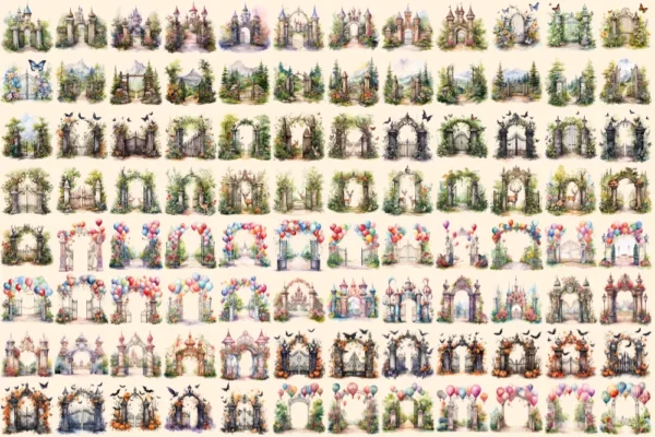 Garden Gates Watercolor Clipart Bundle - 660+ transparent PNG, Whimsical doorway illustrations, Door png, Commercial use, Digital download
