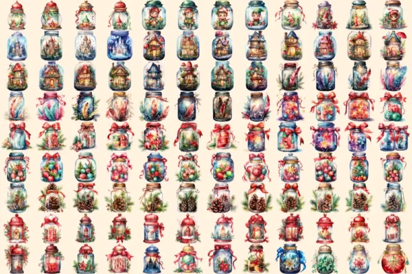 Christmas Magical Jars Watercolor Clipart Bundle - 710+ transparent PNG, Holiday jar png, Festive jar art, Commercial use, Digital download